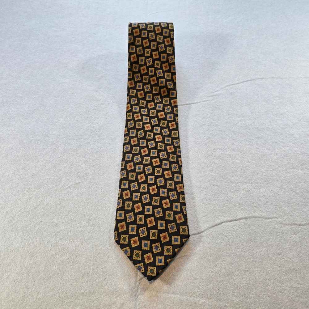 Mariano Rubinacci Napoli Silk Tie- Black Gold Geometric Medallion - Italy - Mint